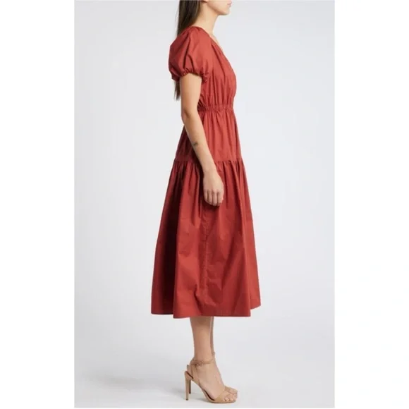 MOON RIVER | Cotton Puff Sleeve Tiered Midi Dress in Brick, Size Large - Picture 3 of 12